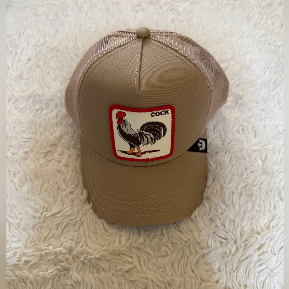 Beige Trucker Cap with Rooster Patch - Men Accessories